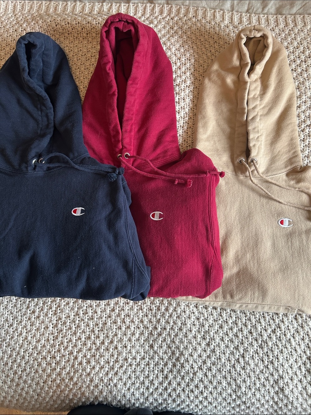 Champion Reverse Weave Hoodie Bundle. Men's in Burgundy, Navy, and tan.